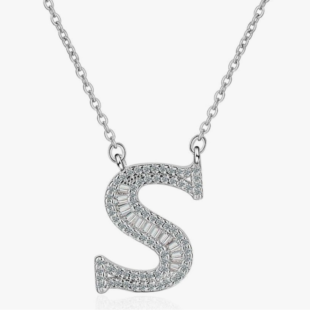 925 Sterling Silver Cubic Zircon Initial Letter S Pendant Necklace